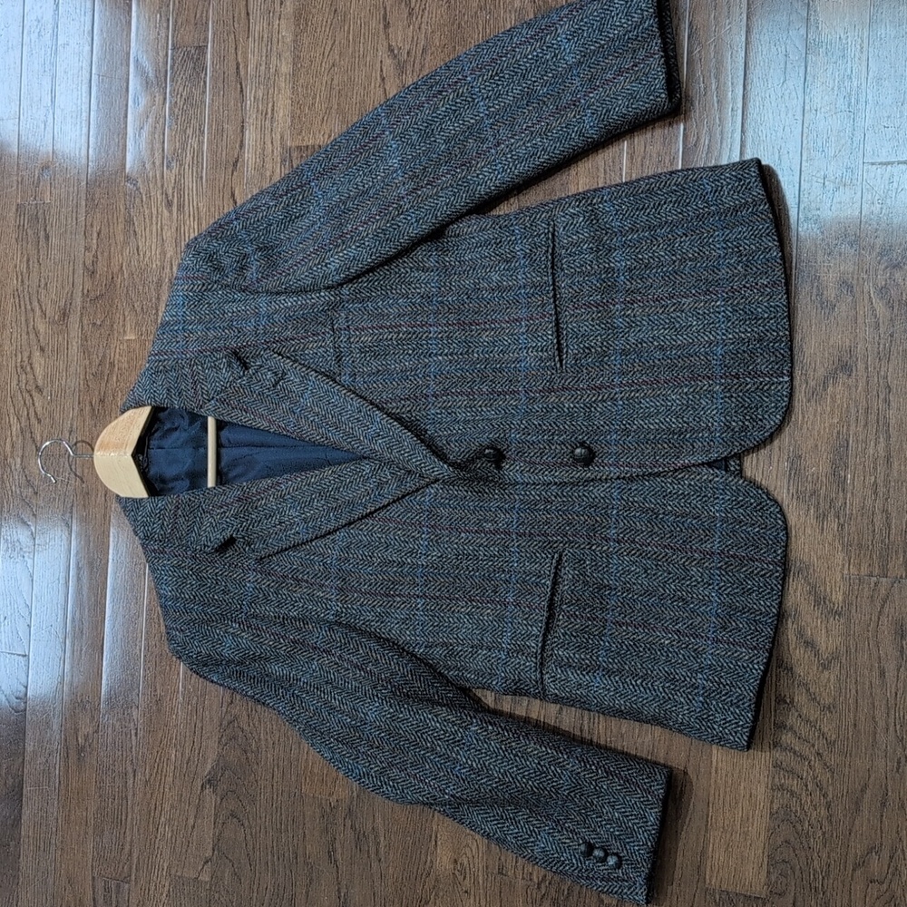 Robert Stock Classic Herringbone Tan/Grey Plaid Wool Blazer Size 42 Short